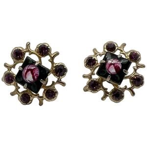 Vintage Purple Rhinestone Clip On Earrings Gold Tone Floral Black Inlay 1960s
